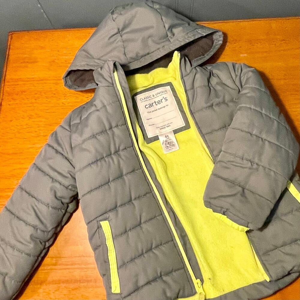 Carter's Boys Gray Puffer Jacket 4T Neon Yellow Hooded Packable Winter Coat